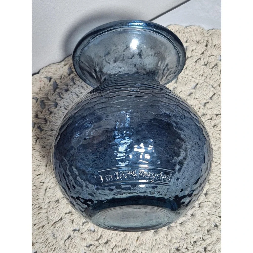 Blue Recycled Glass Vase Hammered Texture Round Bulbous Floral Decor 7.5 inch